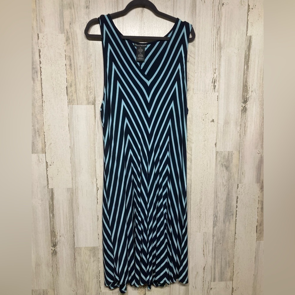 Chelsea & Theodore Navy & Teal Blue Chevron Striped Sleeveless Midi Dress XXL